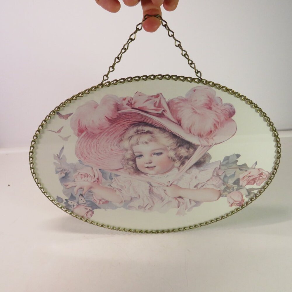 vintage inspired Victorian chimney flue cover girl with bonnet print glass chain